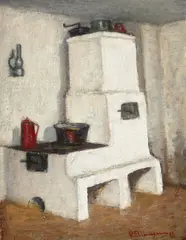 Paul Atanasiu, Vatră ţărănească, 1983, ulei pe pânză lipită pe carton