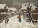 Ion Crăciun, Iarna pe uliţă, 1968, ulei pe carton