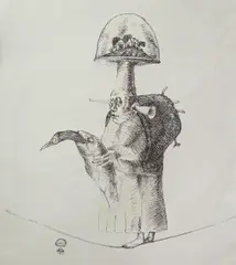 Omul cu gâscan by Ștefan Câlția, 1984, peniţă şi accente de pastel pe hârtie, sold May 2016