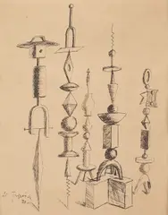 Construcţii by Alexandru Țipoia, 1970, peniţă pe hârtie lipită pe carton, sold May 2016