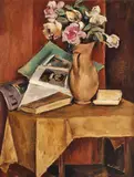 Natură statică cu flori și cărți de artă by Ion Theodorescu-Sion, 1928, ulei pe carton, sold May 2016