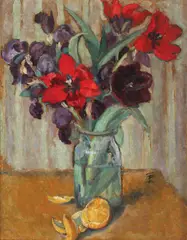 Natură statică cu lalele și lâmăi by Theodor Pallady, ulei pe carton lipit pe pânză, sold May 2016