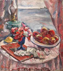 Natură statică cu flori, fructe și cărți de joc by Nicolae Dărăscu, 1924-1928, ulei pe pânză, sold May 2016