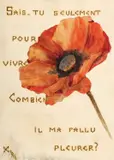 Regină a României Maria, Floare de mac, decorată cu două versuri din poemul "Madame la Marquise" de Alfred de Musset, scris cu aur, folosind caractere celtice, dragi Reginei, 1916, acuarelă și colaj pe hârtie