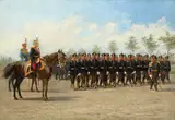 Manieră Tadeusz Ajdukiewicz, Armata Română prezintă onorul Regelui Carol I și Principelui Moștenitor Ferdinand, cca. 1900, ulei pe carton