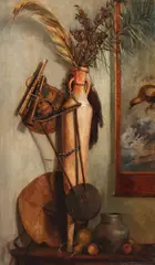 Natură statică cu instrumente muzicale by Helene (Elena) Bednarik, ulei pe lemn, sold May 2016