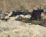 Peisaj de iarnă by Rudolf Schweitzer–Cumpăna, ulei pe carton, sold Apr 2016