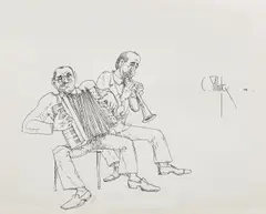 Muzicanţi by Constantin Piliuță, 1996, tuş pe hârtie, sold Apr 2016