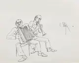 Muzicanţi by Constantin Piliuță, 1996, tuş pe hârtie, sold Apr 2016