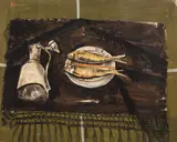 Sorin Ilfoveanu, Natură statică cu peşti, 1987, tempera pe hârtie