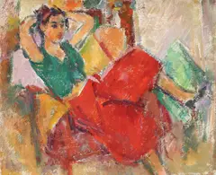 Odaliscă by Ion Musceleanu, 1989, ulei pe carton, sold Apr 2016