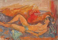 Nud întins by Ion Musceleanu, 1987, ulei pe pânză lipită pe carton, sold Apr 2016