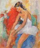Înainte de spectacol by Ion Musceleanu, 1984, ulei pe pânză lipită pe carton, sold Apr 2016