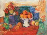 Fructieră cu portocale by Ion Musceleanu, 1988, ulei pe pânză lipită pe carton, sold Apr 2016