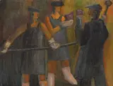 Oţelari by Şcoală realist-socialistă românească, ulei pe carton, offered Apr 2016