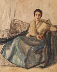 Rochie de bal by Rodica Maniu, acuarelă și creion pe hârtie lipită pe carton, sold Mar 2016