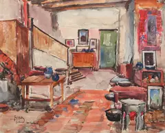 Jean Cheller, Interior la Piatra Neamț, acuarelă pe hârtie