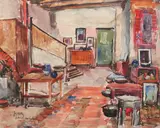 Jean Cheller, Interior la Piatra Neamț, acuarelă pe hârtie