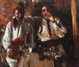 Doi prieteni vechi by Rudolf Schweitzer–Cumpăna, ulei pe carton, sold Mar 2016
