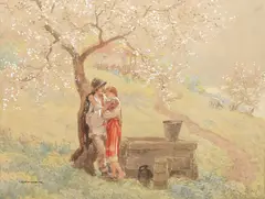 Idilă by Ignat Bednarik, acuarelă pe hârtie lipită pe carton, sold Mar 2016