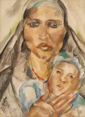 Maternitate by Elena Popea, acuarelă și tuș pe hârtie, offered Mar 2016