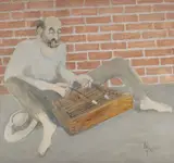 Cântăreț la țambal by Constantin Piliuță, 1994, ulei pe placaj, sold Feb 2016