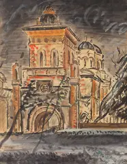 Alexandru Phoebus, Mănăstirea Antim, 1950, guașă pe hârtie lipită pe carton