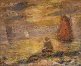Așteptare în portul Concarneau by Kimon Loghi, ulei pe carton, sold Jan 2016