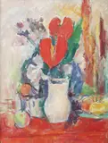 Flamingo și mere by Ion Musceleanu, 1983, ulei pe pânză lipită pe carton, sold Dec 2015