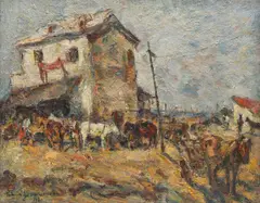 Târg de animale by Rudolf Schweitzer–Cumpăna, 1961, ulei pe pânză, sold Dec 2015