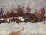 Zi de iarnă la sat by Rudolf Schweitzer–Cumpăna, 1928, ulei pe carton, sold Dec 2015