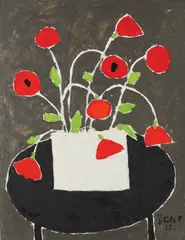 Vas cu maci by Constantin Piliuță, 1967, ulei pe placaj, sold Dec 2015