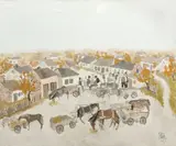 Amiază la sat by Constantin Piliuță, 1982, ulei pe pânză, sold Dec 2015