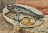 Maria Chelsoi Cristea, Pește și lămâi, 1963, acuarelă pe hârtie