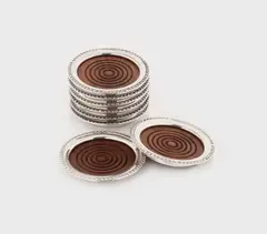 Saart Brothers Attleboro, Lot format din 8 suporturi pentru pahare, din lemn de tec în montură de argint, Sec. XX, lemn de tec, argint 925