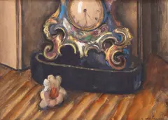 Samuel Mützner, Natură statică cu ceas de şemineu, guaşă și pastel pe hârtie