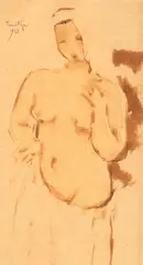 Odaliscă by Nicolae Tonitza, 1938, laviu pe hârtie lipită pe carton, sold Oct 2015