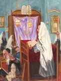 Slujbă în sinagogă by Aramov Lazare Finklestein, ulei pe carton, offered Jul 2014