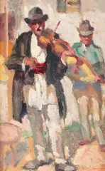 Mulți ani trăiască! by Gore Mircescu, ulei pe carton, sold Feb 2013