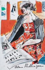 Amatoarea de stampe by Alma Redlinger, colaj, acuarelă şi marker pe hârtie, sold Feb 2013