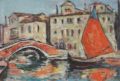 Gheorghe Petrașcu, Vedere în portul Chioggia, ulei pe carton