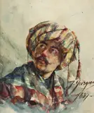 Ioan Georgescu, Autoportret în costum oriental, acuarelă pe hârtie lipită pe carton