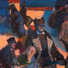 Alo Hoidre, Mõis põleb, 1957, Õli, papp