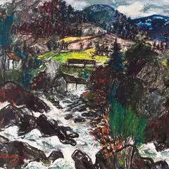 Eerik Haamer, Maastik maja ja ojaga, 1950, Õli, lõuend