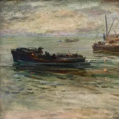 Evald Okas, Õhtune kalasadam Kihnus, 1955, Õli, papp
