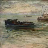 Evald Okas, Õhtune kalasadam Kihnus, 1955, Õli, papp