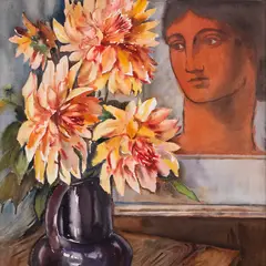 Lydia Mei, Kompositsioon lillede ja portreega, 1963, Akvarell