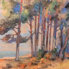 Roman Nyman, Rannamaastik mändidega, 1930ndad, Akvarell, segatehnika, papp