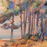 Roman Nyman, Rannamaastik mändidega, 1930ndad, Akvarell, segatehnika, papp