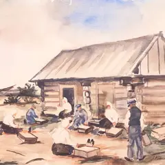 Juhan Nõmmik, Taluõuel (Kaluriküla vaade), 1933, Akvarell